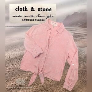 Anthropologie Cloth & Stone Sz XXS Soft Pink Button Down Front-Tie V-Neck Blouse